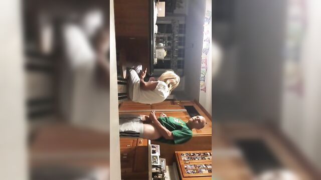 Son jerks off behind mom's back and cums - 3 image