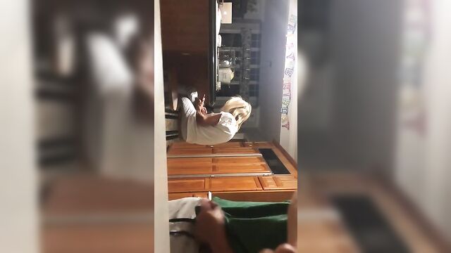 Son jerks off behind mom's back and cums - 4 image