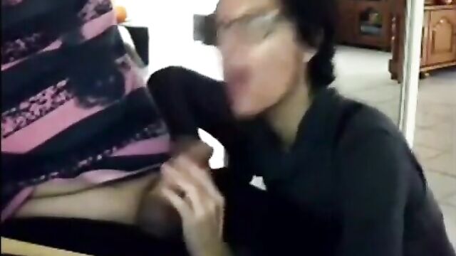 Slim Mom sucking son's cock before she left - 1 image